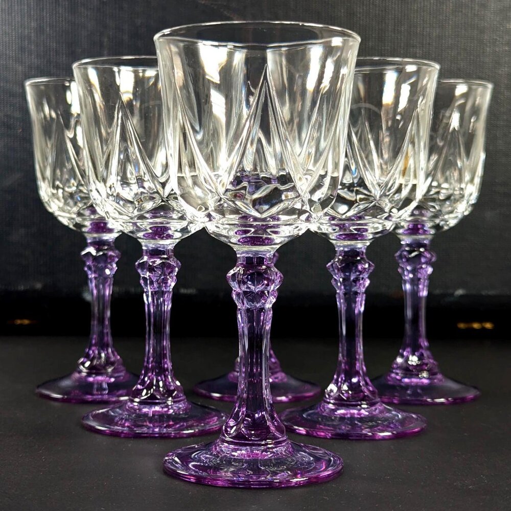 Set of 6 Cristal D Arques Lude Lilas Auteuil Claret wine glasses, purple stem